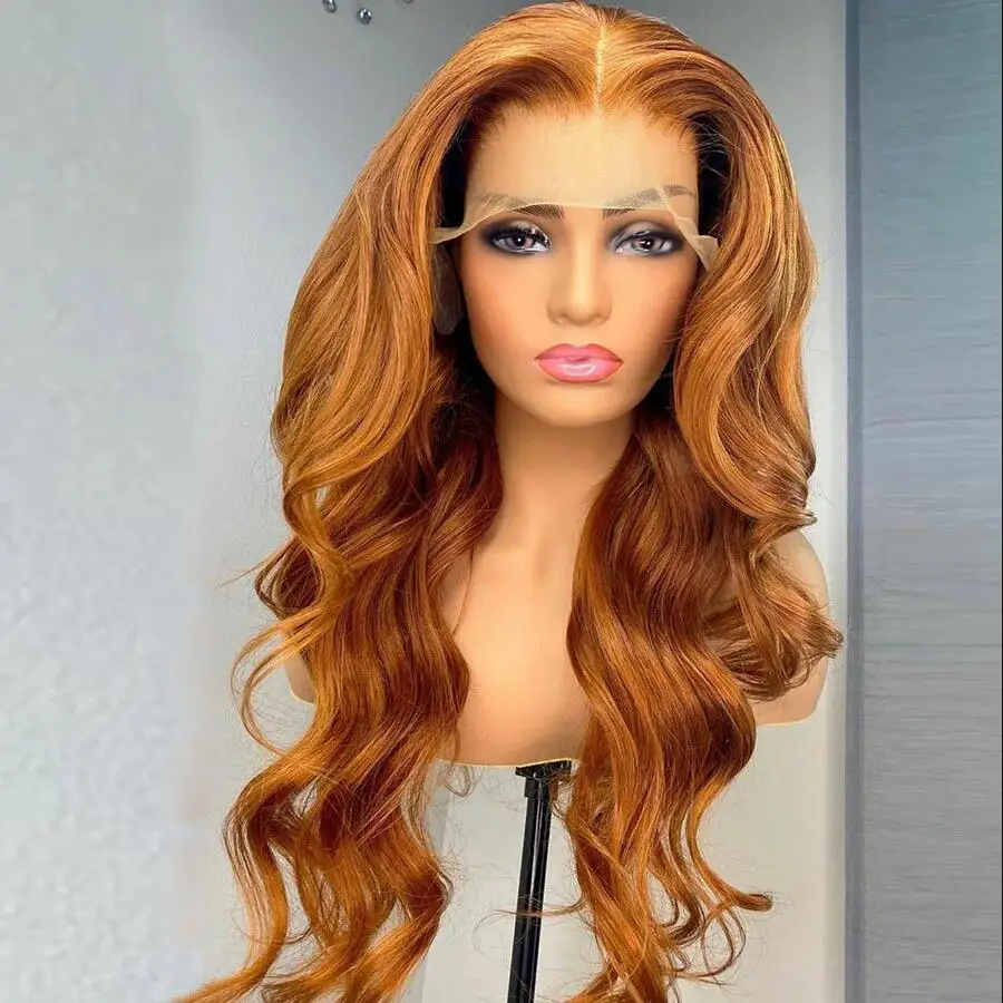 Natuurlijke 180 Dichtheid 26 "Honingbruine Lange Zachte Lijmloze Body Wave Kant Pruik Voor Vrouwen Babyhairlong Hittebestendig Pretokkeld