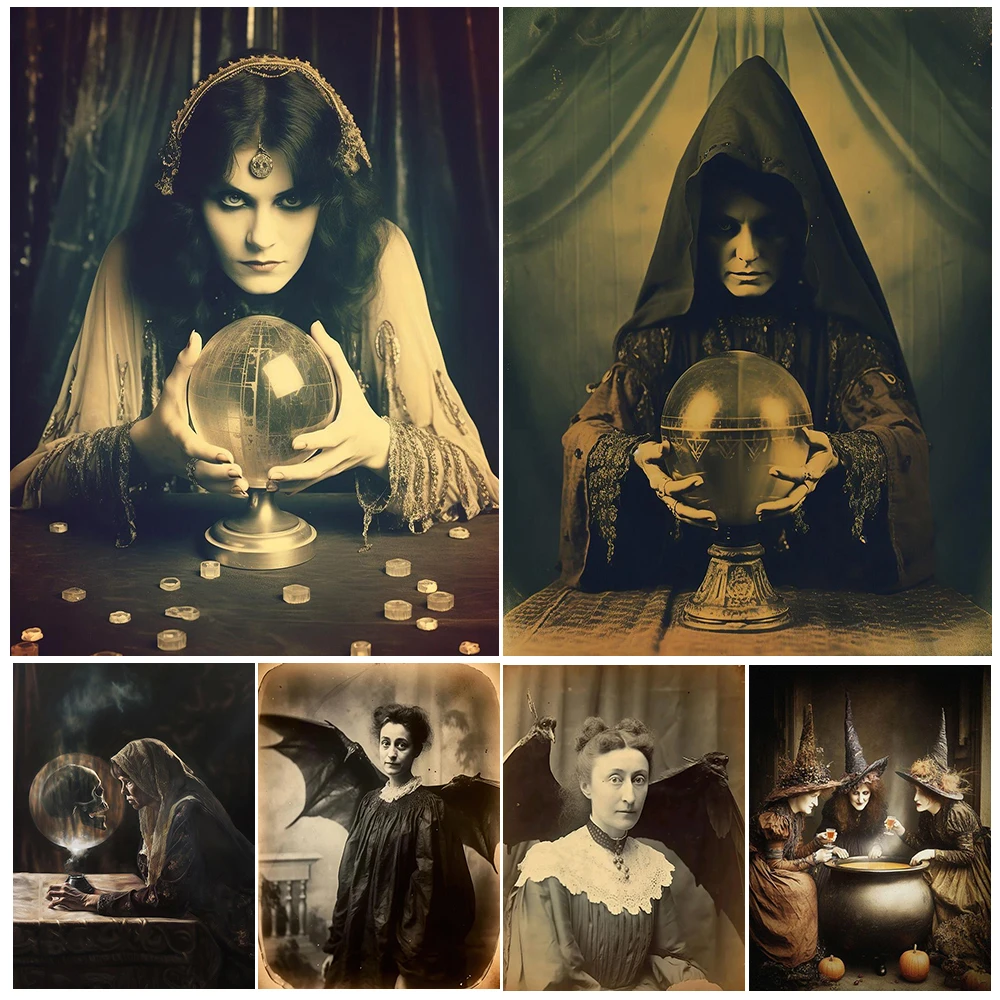 Dark Vintage Witch Crystal Ball Canvas Print,Gothic Mystical Themed Wall Art,Antique Witch Coven Fortune Teller Art Poster Print