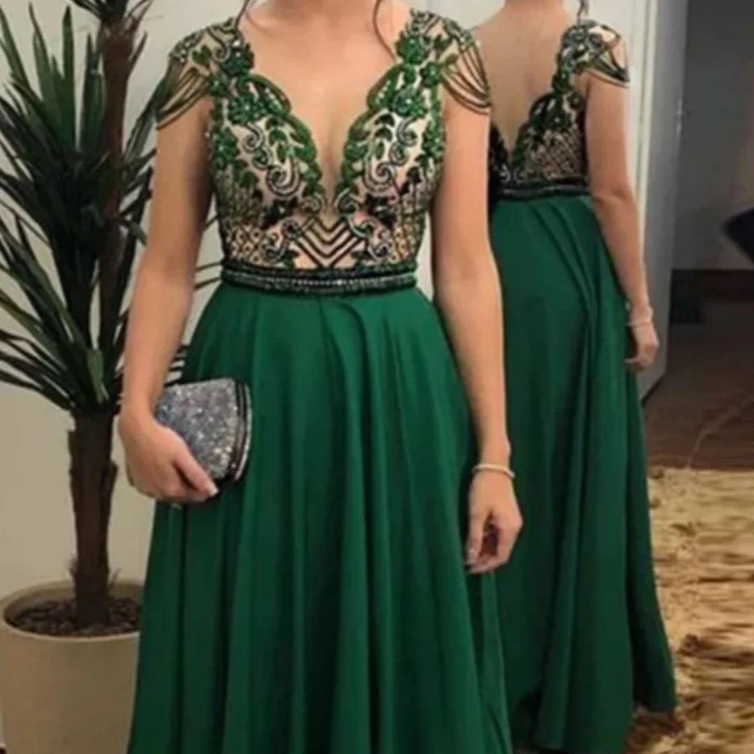 Abito da madre della sposa sexy con scollo a V profondo per matrimonio Abito da sera a trapezio verde grazioso con perline scintillanti Abito da ballo personalizzato