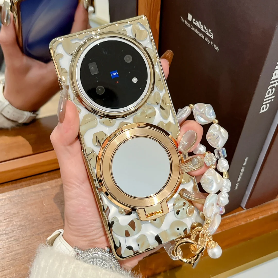 

For OPPO Find N5 Case Waves Gold Plated Leopard Mirror Holder Design Mobile Phone Cover With Bracelet