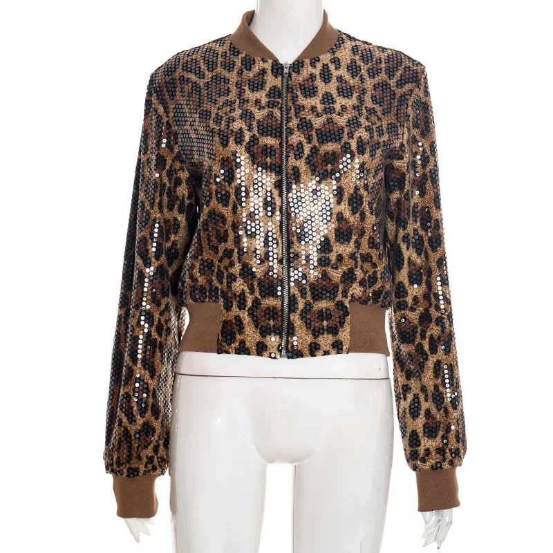 

Women Fashion Leopard Print Sequins Jacket Long Sleeve Zip-up Casual Coats Y2K Streetwear Cardigan Outwear Night Clubwear