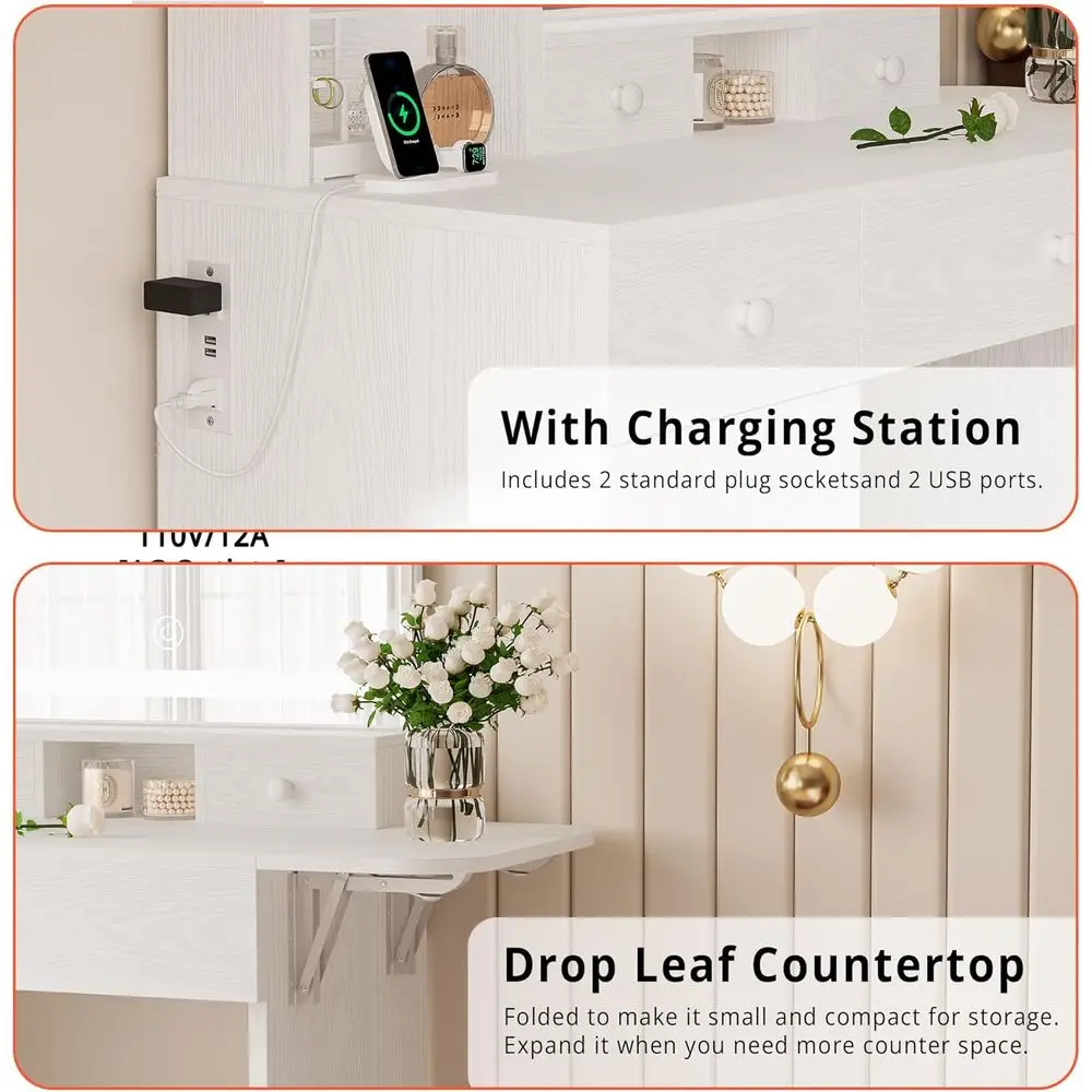 Vanity desk interior cabinet storage showing organization compartments