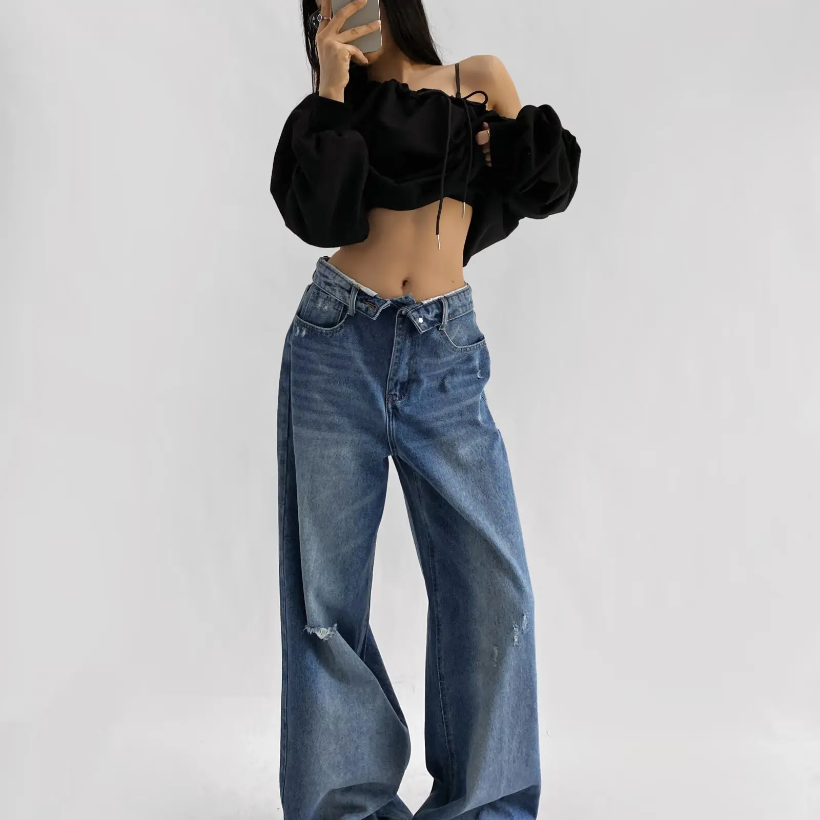 American Retro Cuffed High Waist Slimming Casual Denim Jeans Women's Autumn Versatile Loose Straight Leg Floor-Length Pants