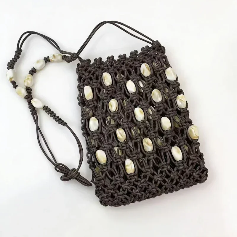 Handgefertigte Hohlperlen-Handytasche aus Steinperlen, Bohemian Crossbody-Tasche für Damen mit gewachstem Seil, Sommer-Strand-Urlaubs-Reisetasche – Detail 15