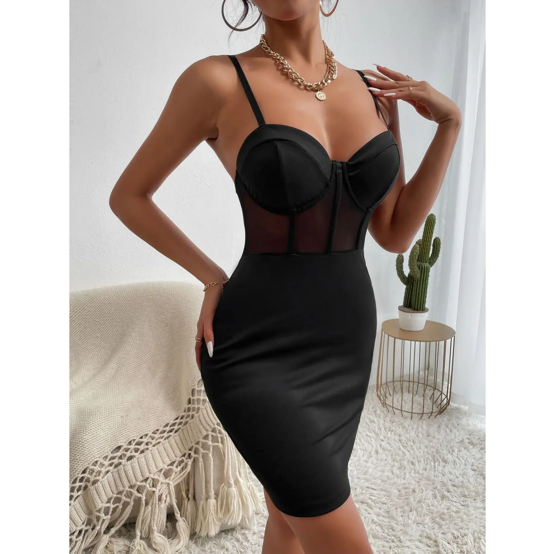 Y2K Sexy Club Party Hollowing Mesh See Through Slim Dress,Women Nightclub Wear Fishbone Halter V Neck Sheer Package Hip Skirt