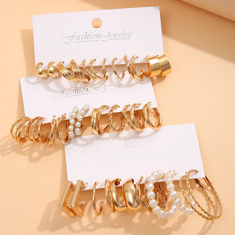 18Pcs Of Suit Women Earrings C Shaped Geometric Fake-pearl Metal Earrings Atmospheric Queuing Alloy Of Gold-color image 5