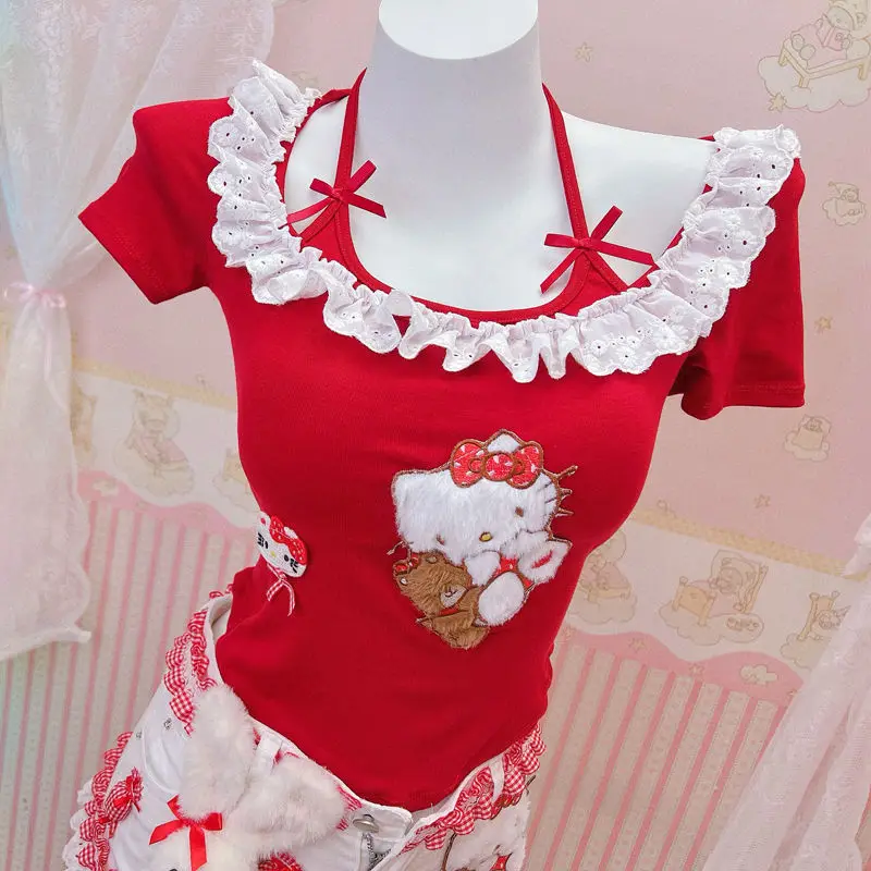 

Cotton T-Shirt Hello Kitty Anime Women Cartoon Short Sleeve Summer Cute Comfortable Y2K Tops Kawaii Hot Girl Cute Bow T-shirt