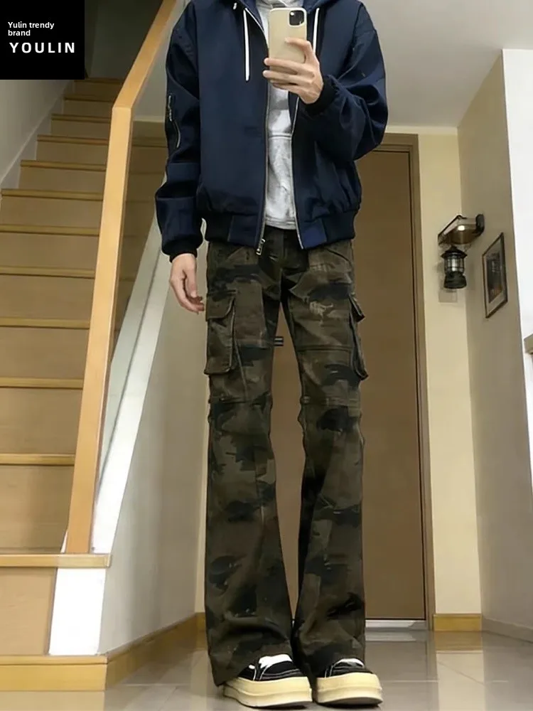 

Мужские джинсы American Sle Camouflage Fce Lined, рабочая одежда, с высокой талией, прямые, с легким расклешением, винтажный уличный стиль