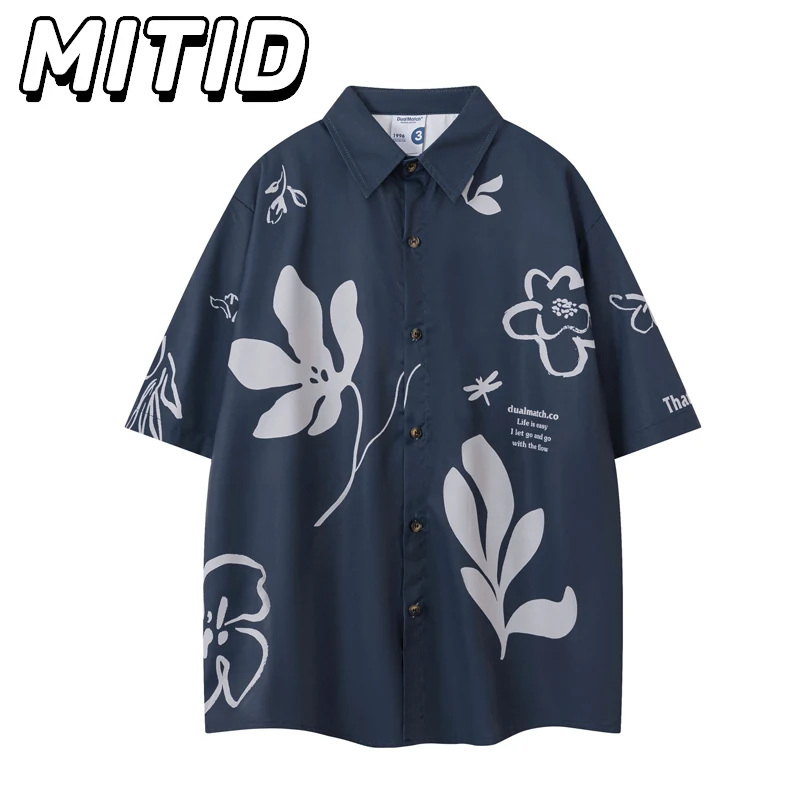 Korean Style Designer Shirts for Men Floral Doodle Print Hip Hop Streetwear Clothes Mens Shirts Casual Fashion Camisas De Hombre