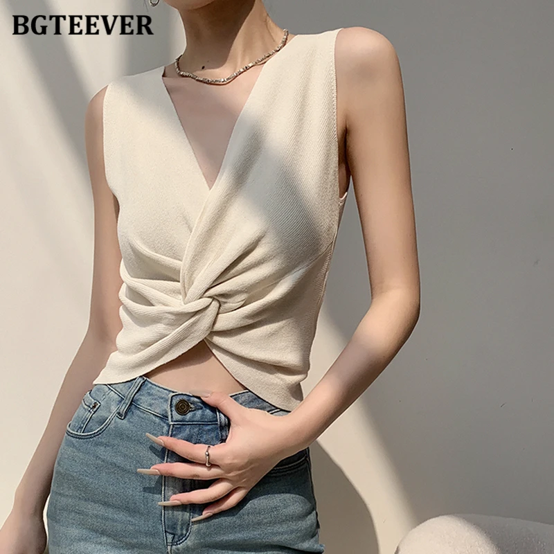 BGTEEVER Chic Stylish V-neck Slim Female Solid Camisole Elegant Sleeveless Women Skinny Tank Tops Summer Ladies Knitted Vests