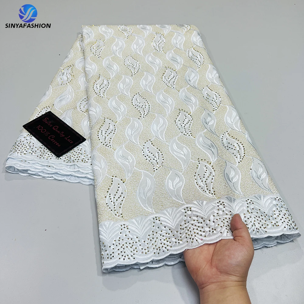 Sinya Cotton Lace Fabric White 2024 Swiss African Nigerian Voile Lace Fabrics 5 Yards Stones For Sew Party Wedding Dress