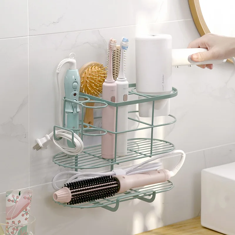 Integrated Storage Rack for Curling Iron and Hair Dryer Toothbrush Cosmetics No Punching Wall Hanging Rack Bathroom Accessories