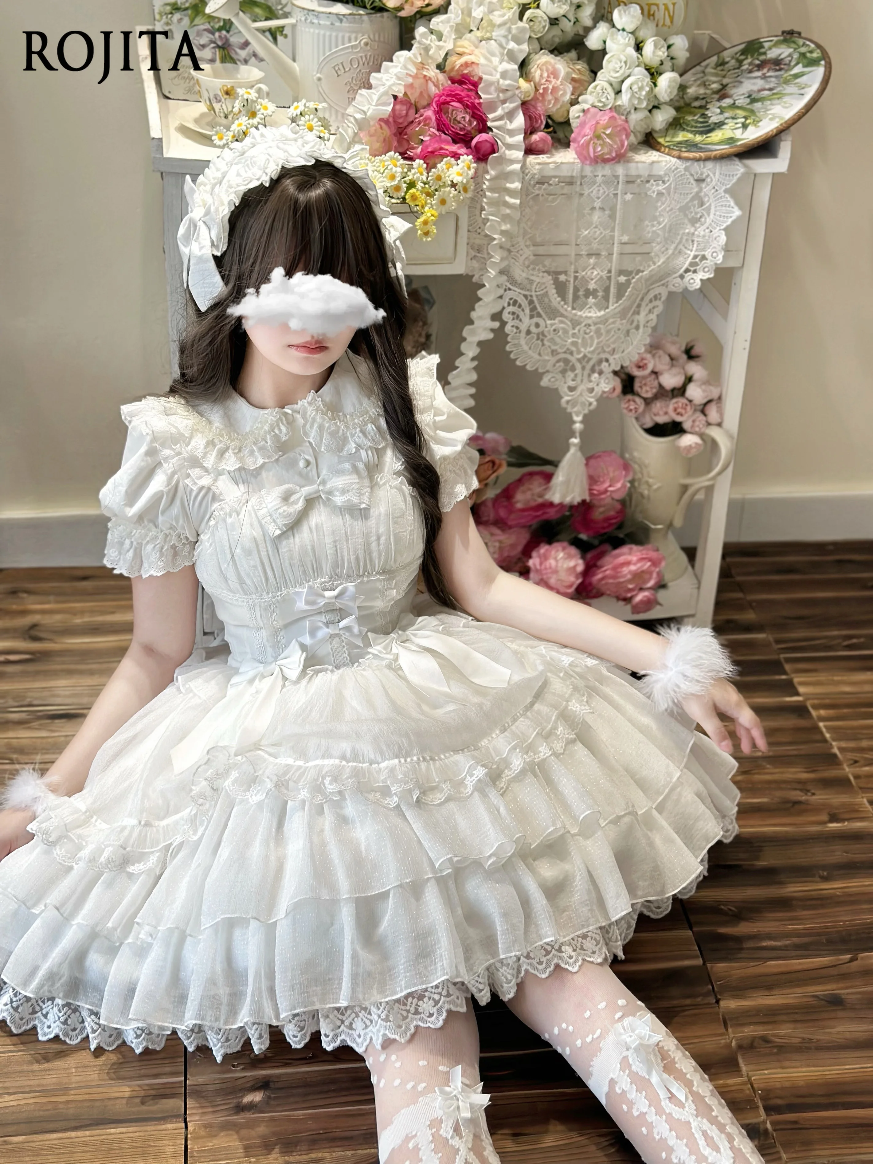 Sweet Japanese Princess Dress Women Summer Sweet  Lace Bowknot JSK Sling Dress White Tiered Lace Trim Sleeveless Lolita Dress