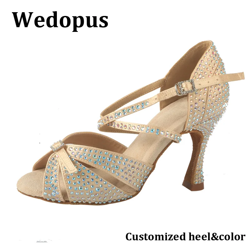 

Wedopus легкие танцевальные туфли цвета шампанского, атласные танцевальные туфли на каблуке 9 см для женщин, замшевые сандалии для бальных танцев с подошвой и кристаллами