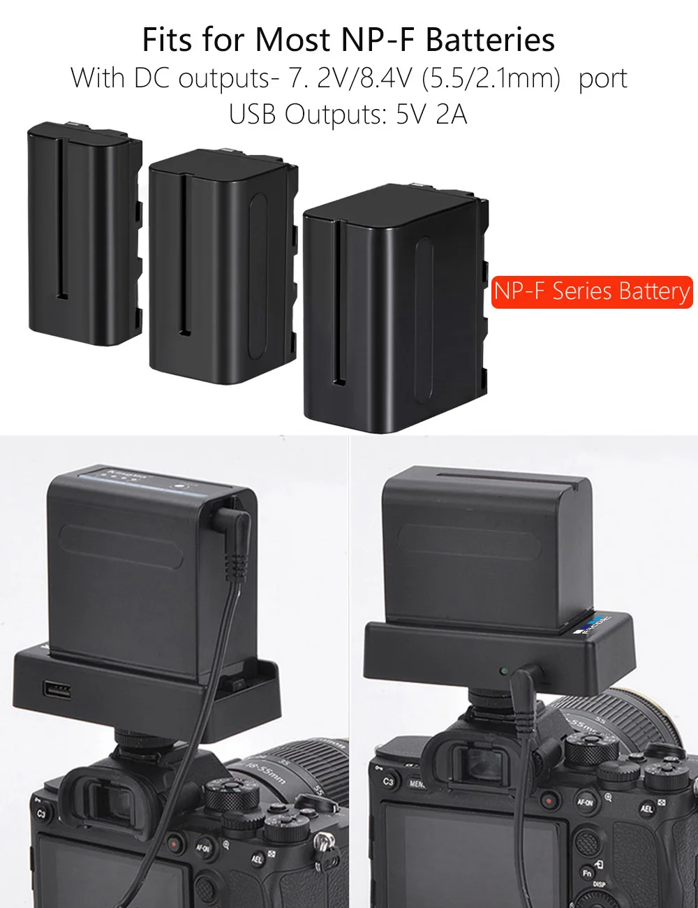 Probty DSLR Camera Clamp NP-F Battery Adapter Plate for Sony NP-F Type Batteries 8.4V/7.4V Output Port DC 5.5x2.1mm