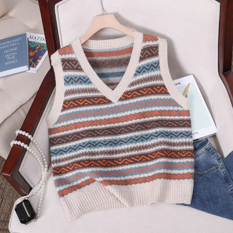 

Женский свитер, жилет, осень-зима, новый винтажный топ без рукавов, полосатый вязаный кардиган
