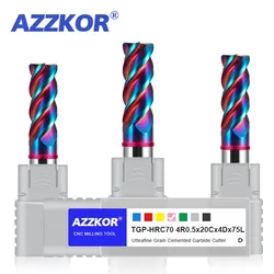 AZZKOR 4F Endmills Color-Ring Blue Nano Coating Tungsten Steel Carbide Round Nose Milling Cutter For CNC Mechanical TGP-HRC70