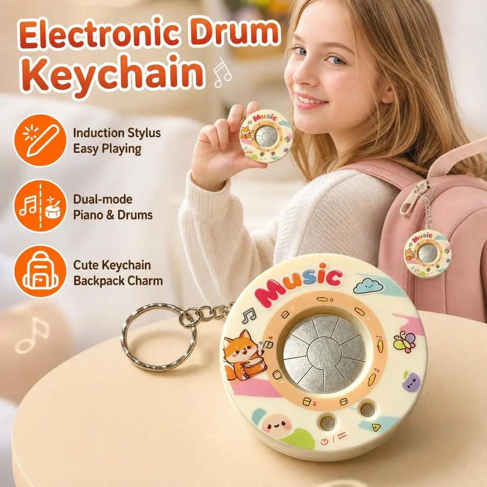 Fun Cartoon Music Keychain Dual Sound Mode Electronic Piano & Drum Touch Stylus Included Backpack Pendant Creative Gift for Kids