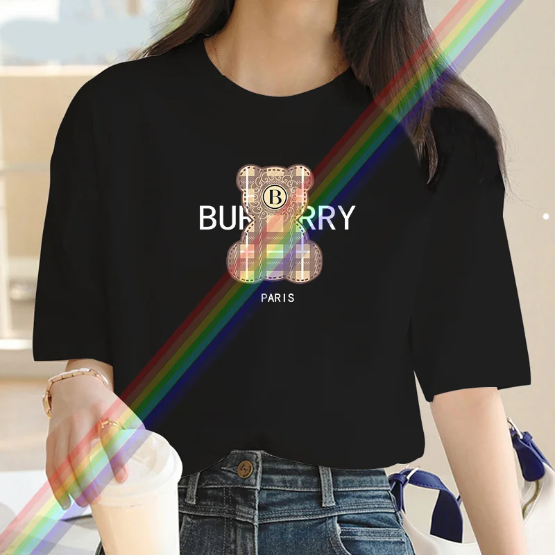 T-shirt manches courtes femme, estival et décontracté, en coton, avec dessin d\'ours imprimé, Harajuku, 2024