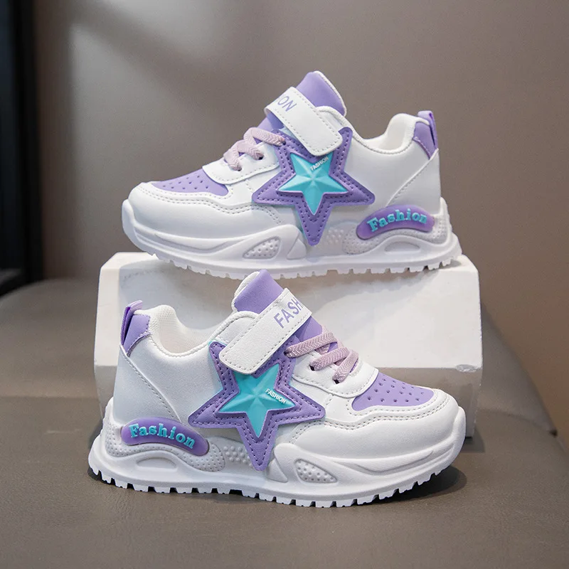 

Spring Autumn Kids PU Leather Sports Shoes Children Breathable Thick-Soled Running Shoe Girls Star Decor Soft-Soled Student Shoe