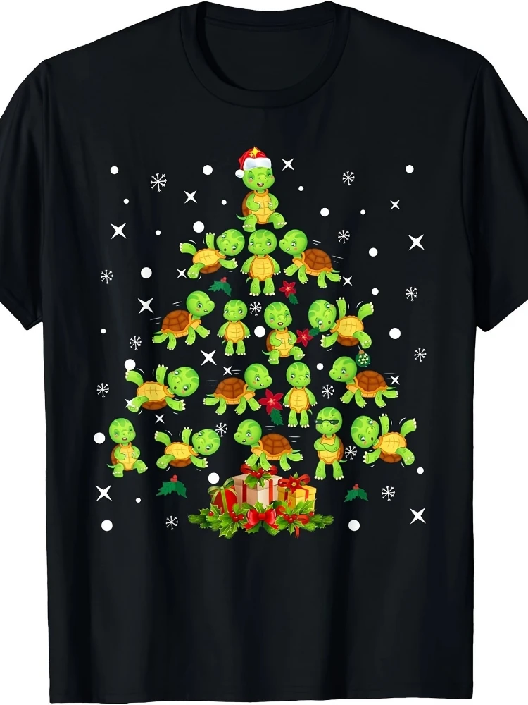 

Sea Turtle Christmas Tree Green Turtles with Santa Hats& Snowflakes Design-100% cotton summer O-neck printed men's T-shirt.