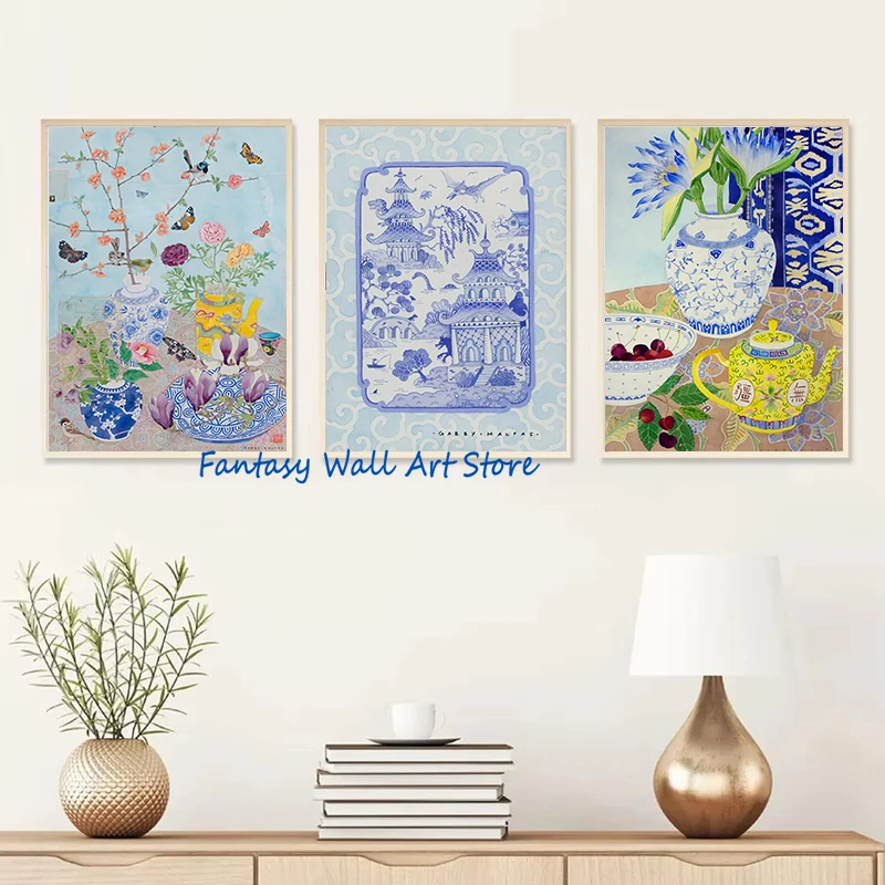 Chinoiserie Watercolour Blue Painting Flowers Still Life Botanical Art Chinese Traditional Poster Canvas Painting Wall Pictures