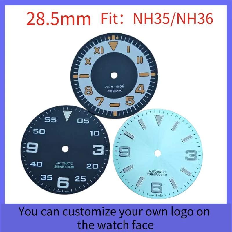 28.5mm NH35 watch dial for NH35 NH36 movement, C3 super green glow-in-the-dark dial, watch accessories, custom logo