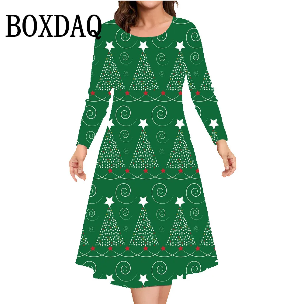 Women's 2024 Fall Winter Dresses New Christmas Crutch 3D Printed Party Dress Casual Fashion Round Neck Long Sleeve A-Line Dress