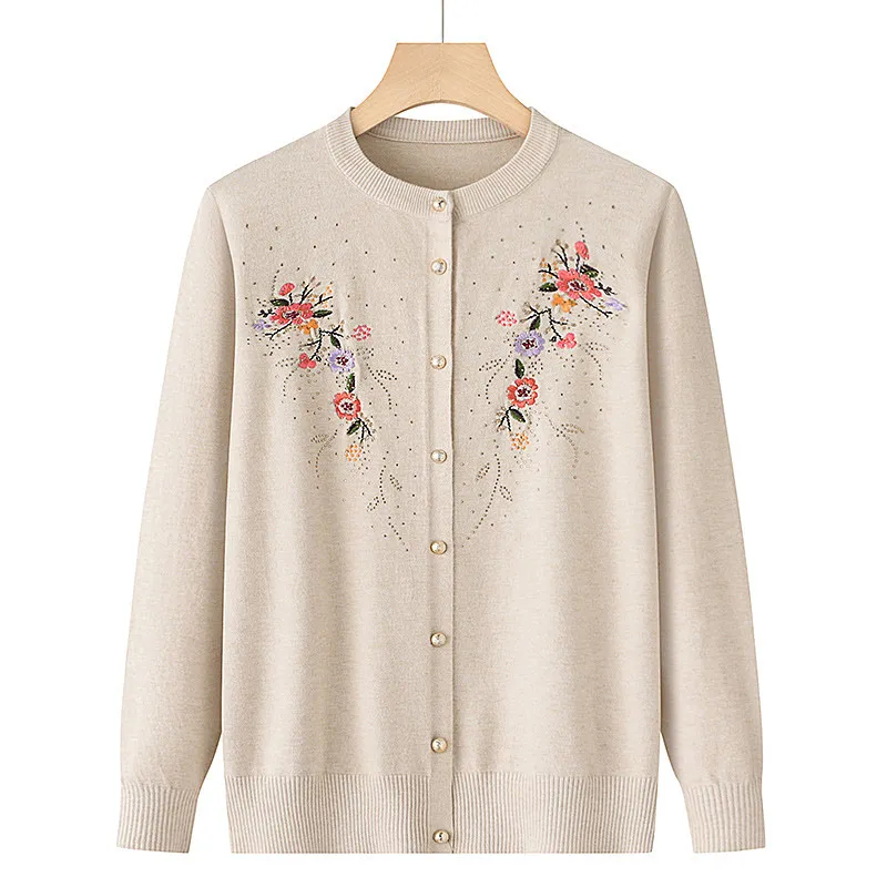 Middle-aged And Elderly Women\'s Embroidery Knit Cardigan Jacket Single-breasted Slim Sweater Coat Thin Spring Grandma Clothing