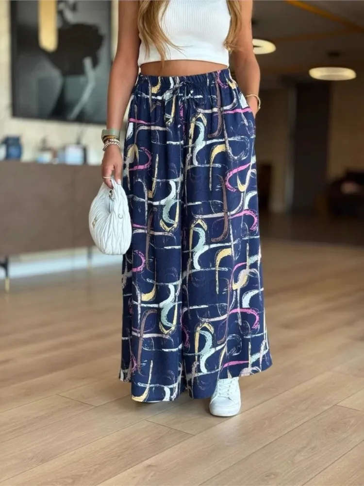 New Summer Casual Women's Trousers Fashion Loose Print Elegant Holiday Casual Pant Office Sports Beach Wide-leg Pants 2025