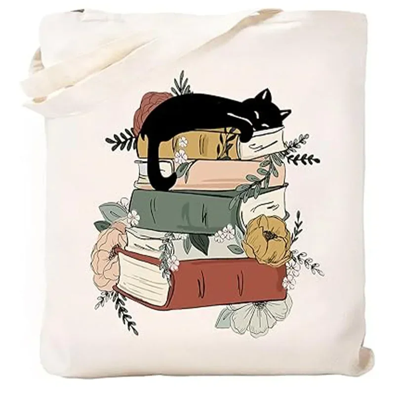 PJDock-Sac fourre-tout en toile pour les amoureux des livres, chat mignon, cadeaux