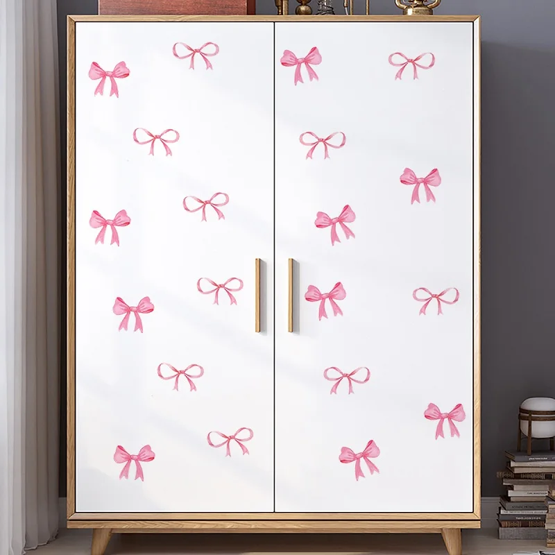 Creative Personality Pink Bow Wall Sticker, Wardrobe Sticker Girl Heart Bedroom Bowknot Wall Sticker PVC self-adhesive