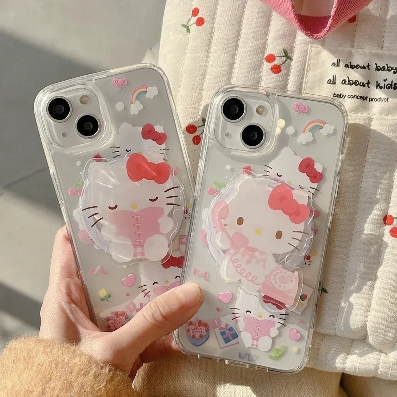 Cute Sanrio Hello Kitty Magnetic Bracket Magsafe Wireless Charge Phone Case For iPhone 15 14 13 12 11 Pro Max Clear TPU Cover