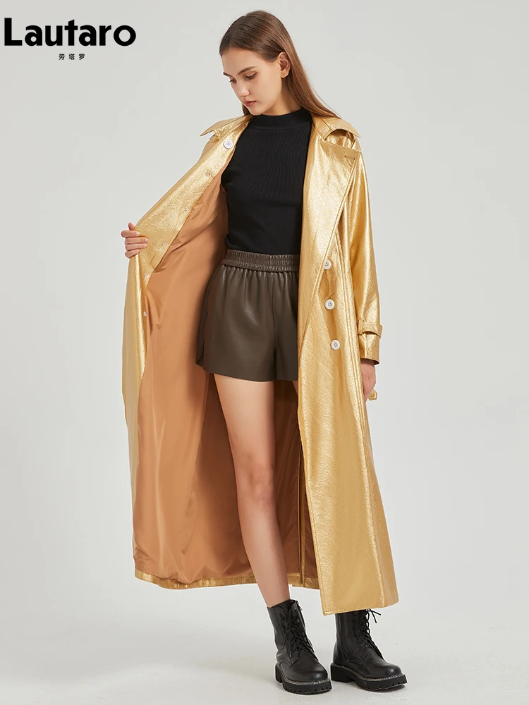 Lautaro-trench coat de couro PU extra longo dourado para mulheres, trespassado duplo, faixas, moda luxo na Europa, primavera e outono, 2024