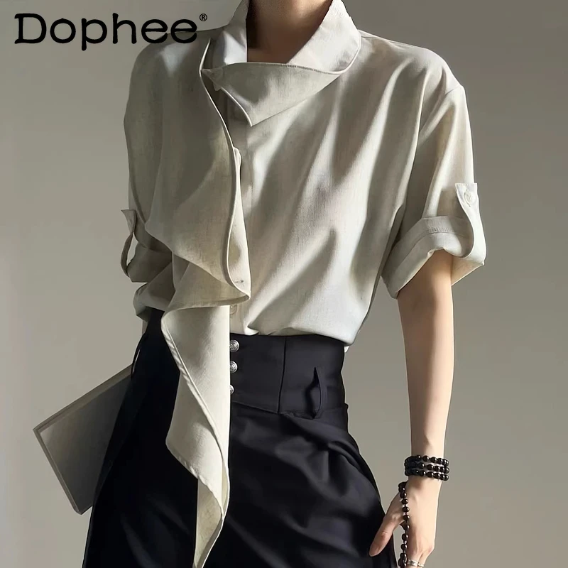 

2026 Men's Summer New Fashion Irregular Diagonal Collar Design Tops Short Sleeve Solid Color Shirts Personalized Ribbon Shirts