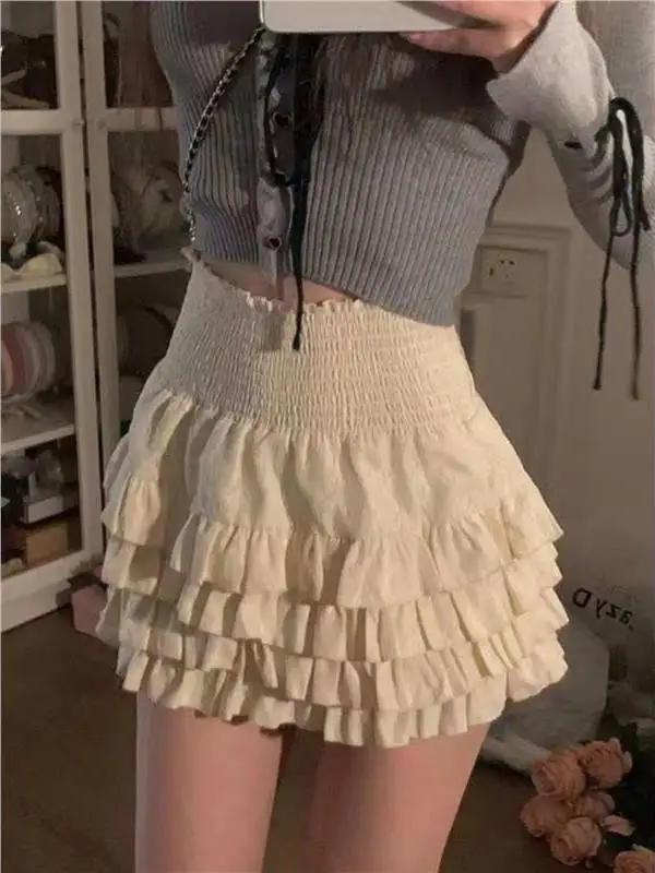 Spring Summer High Waist Pleated Short Skirt Women's Inner Lace  Cake Skirt Anti Light Brand Versatile High Waist Design