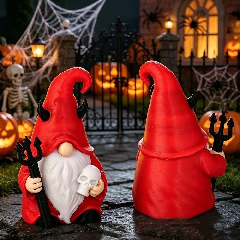 Red Robe Red Gnome Holding Trident White Beard Halloween Figurine Vibrant Colors Handheld Skull Skull Miniature Patio Display