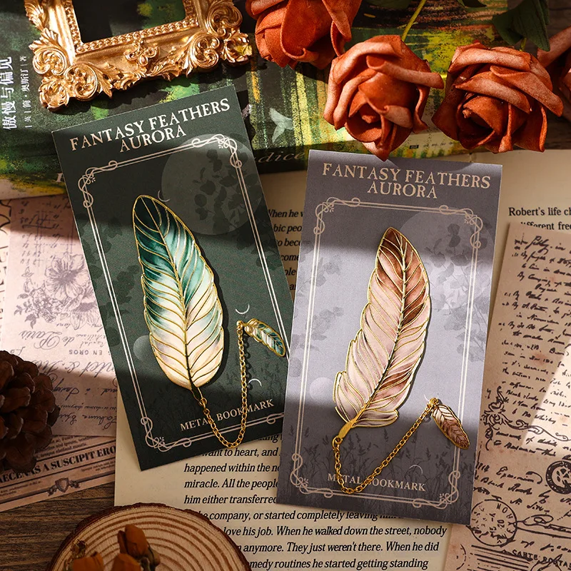 Vintage Aurora Feather Metal Bookmark, Brass Book Page Marker with Tassel Chain, Bookmarks Gift for Book Lovers Reading Supplies view 2