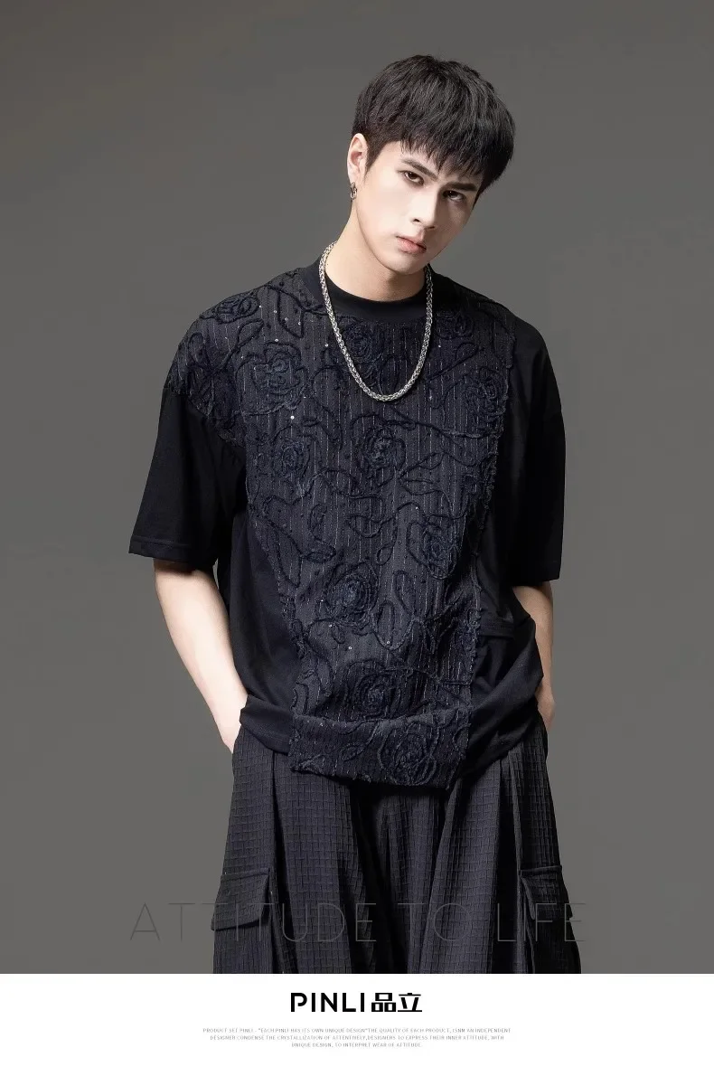 

New fashion casual male men's 2023 Black Summer Spliced Short Sleeve T-shirt with Cord Embroidery Loose Top T-shirt B232111050