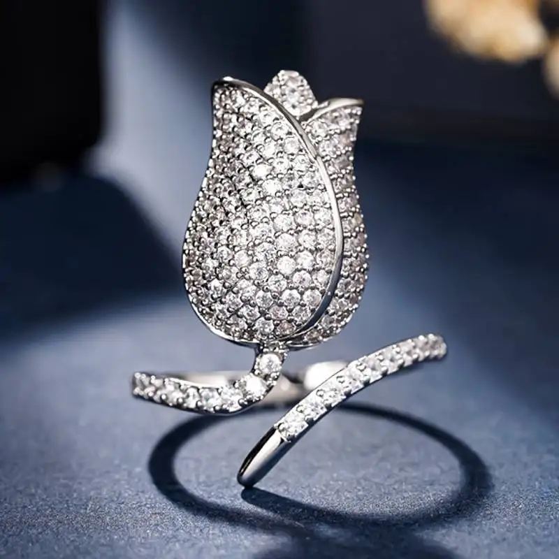 Huitan Tulpenförmiger Damen-Öffnungsring, ästhetisches Blumen-Design, elegante Party, Verlobung, Accessoires, trendiger Schmuck, voll glänzender CZ