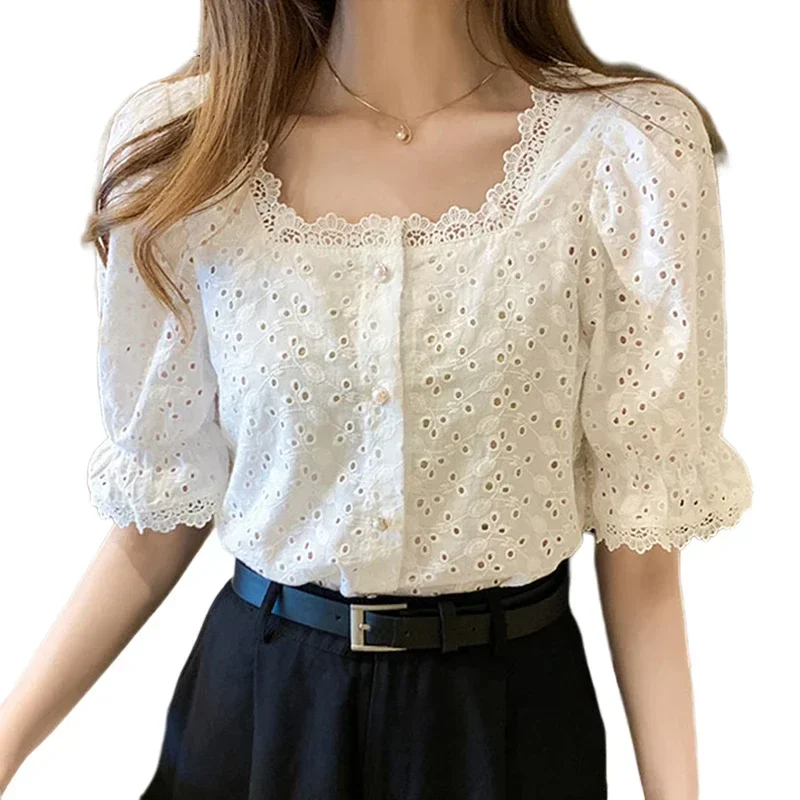 2024 Korean Lace Shirt Blusas Fashion Elegant Summer Short Sleeve Woman Shirts Square Collar Hollow Out White Blouse Women 13934