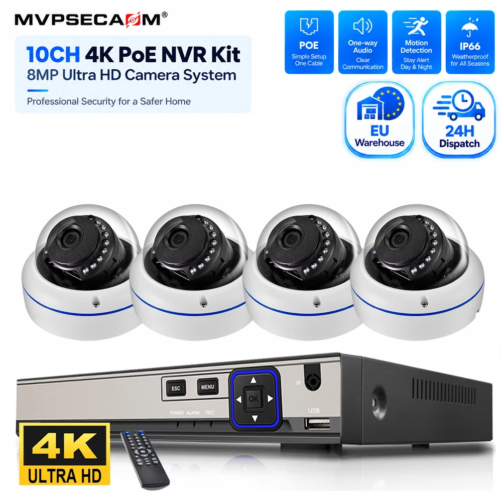 8MP 4K PoE Sicherheits-Dome-Kamerasystem 10CH NVR-Kit Außen-IP66 CCTV-Kamera Einweg-Audio Bewegungserkennung Videoüberwachung Netzwerk-Rekorder Plug-and-Play für professionelle Anwendungen in Haus,