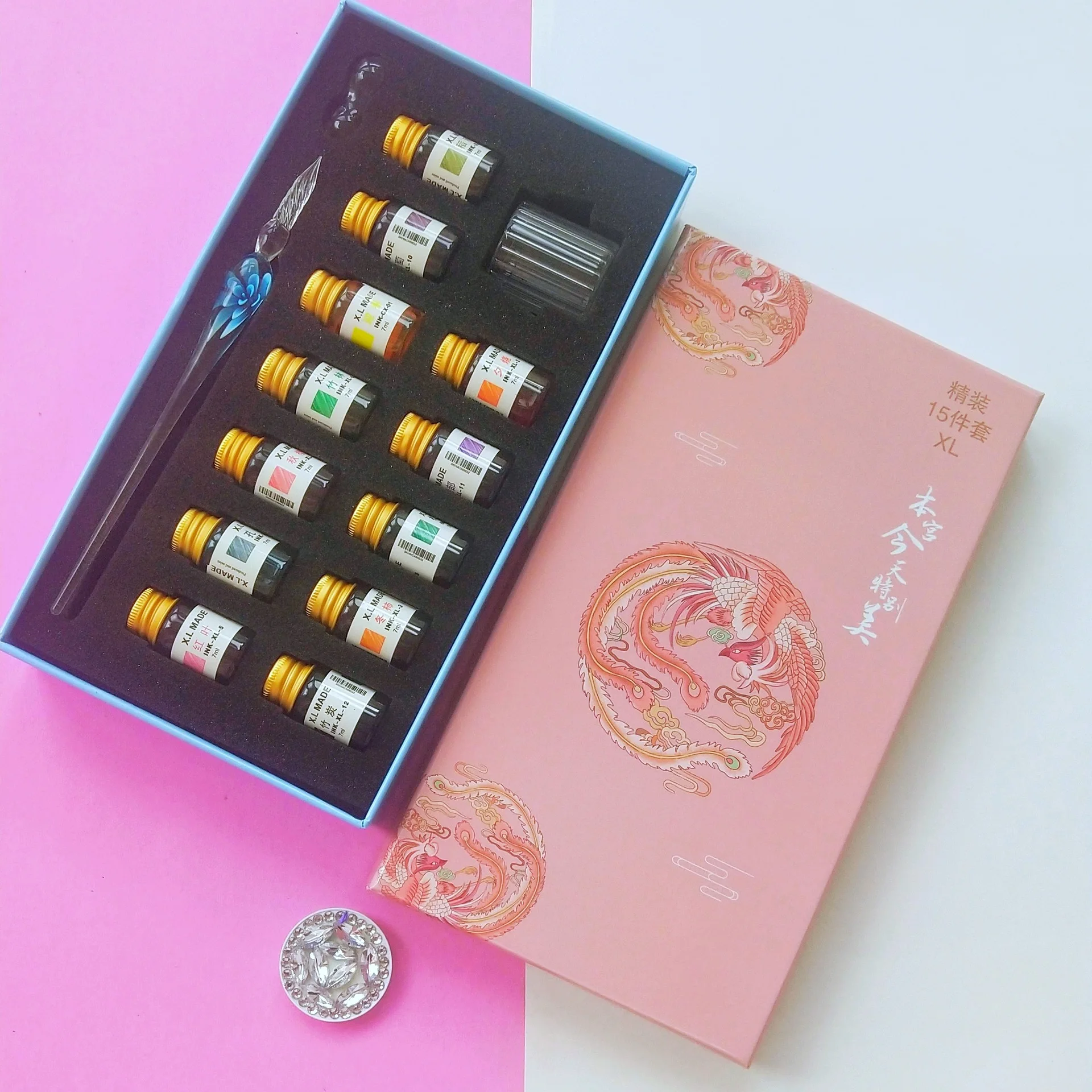 قلم زجاجي كريستالي، قلم غمس، صندوق هدايا، مجموعة أقلام توقيع حبر ملونة مسحوق ذهبي، قلم رسم، قلم ألوان تجريبية، هدية، زجاج PE