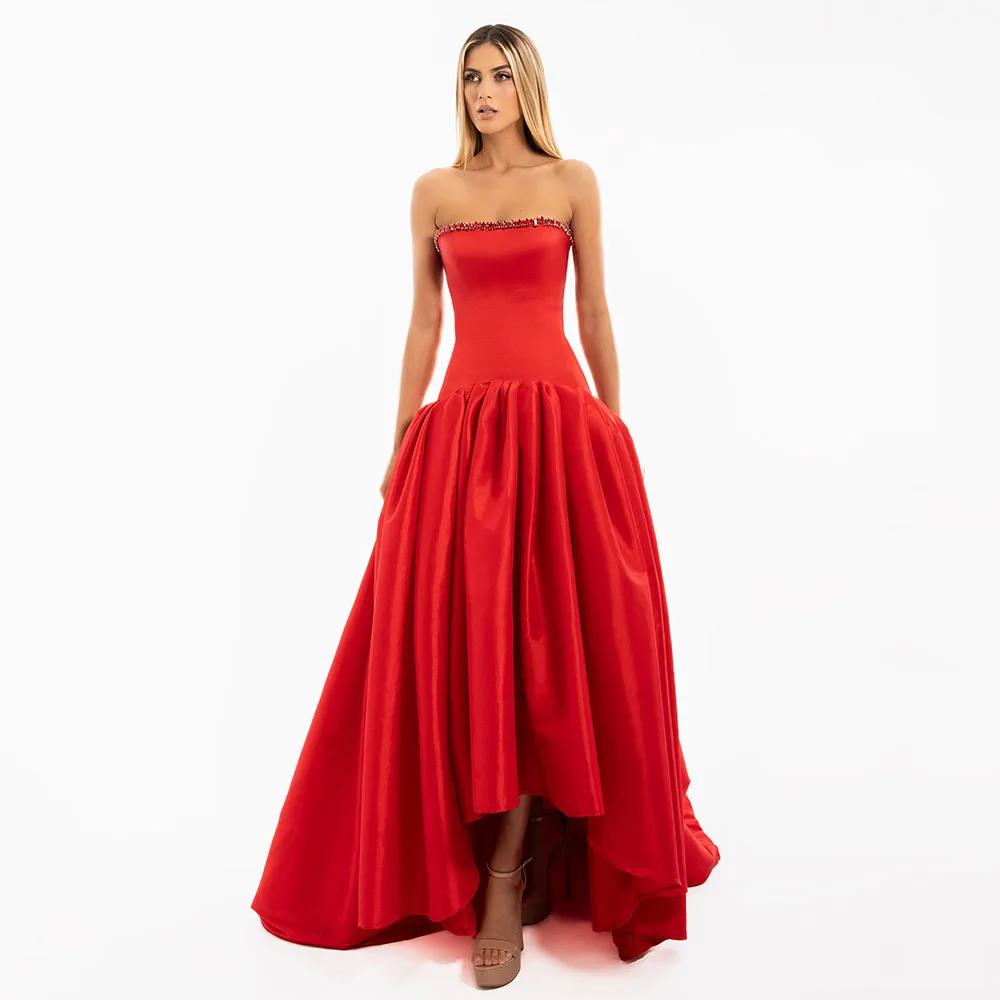 Red Satin Prom Dress Asymmetrical Crystal Strapless A Line High-Low Prom Gowns for Women Sleeveless Ruched Elegant Party Dresses