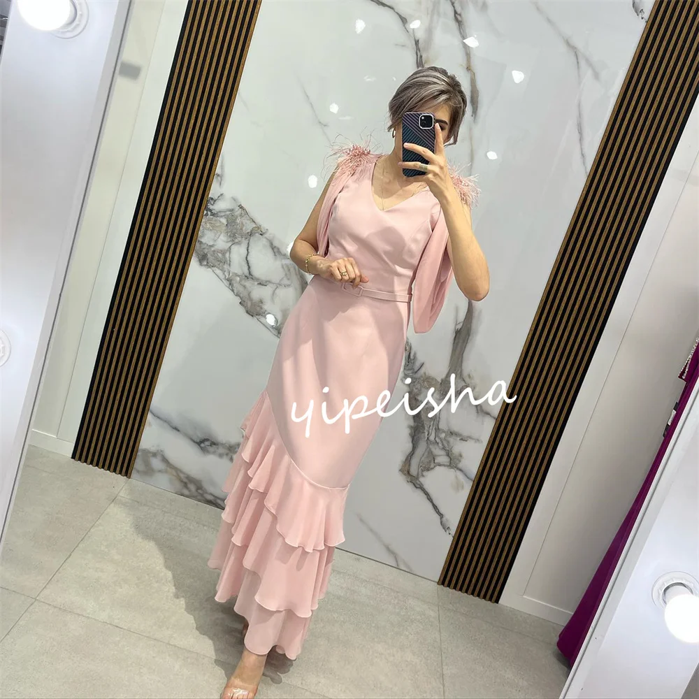 Customized Exquisite Chiffon Pleat Feather Sash Trumpet V-neck Midi Dresses Cocktail Dresses Casual Modern Style Exquisite Class