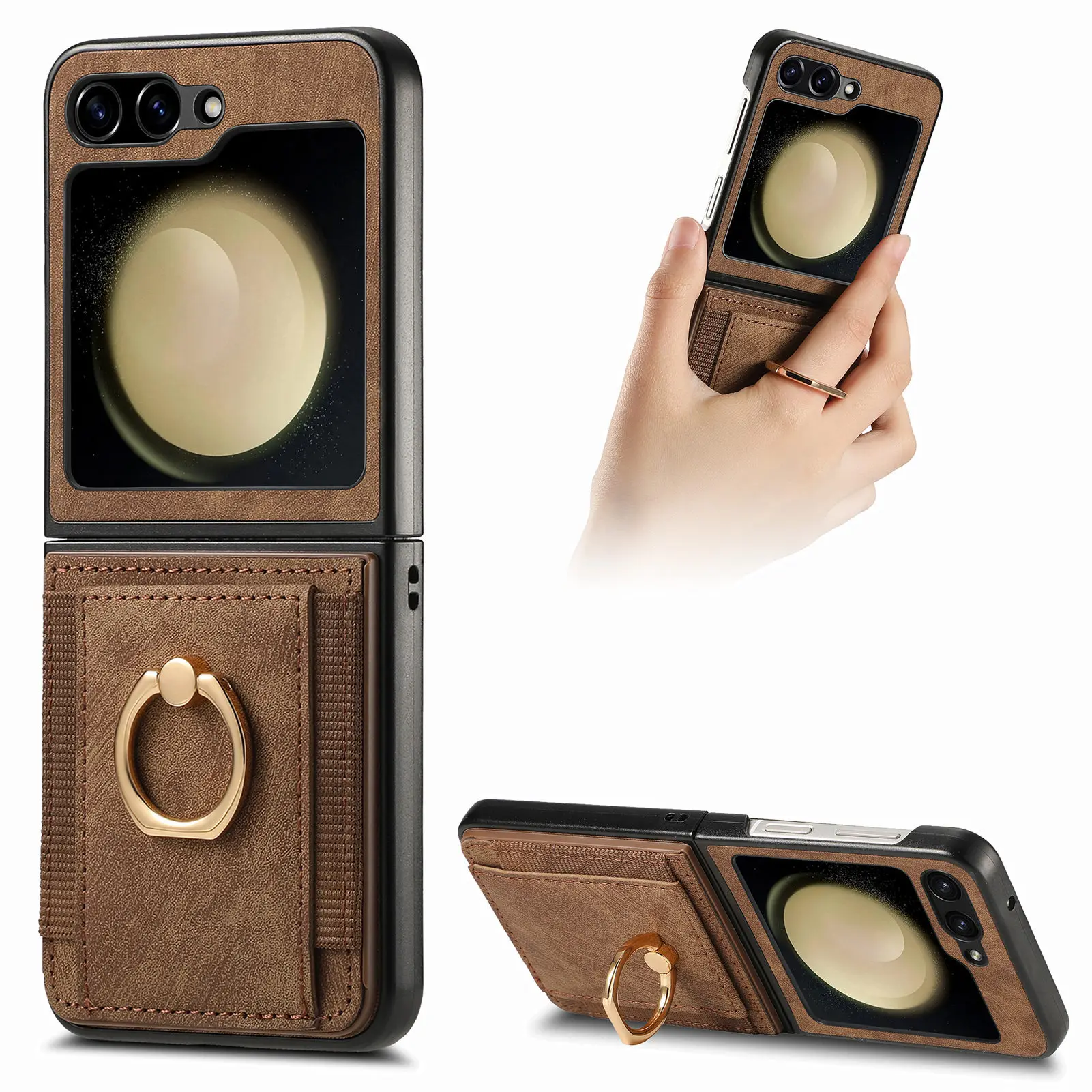 Leather Elastic Wallet Card Pocket Case for Samsung Galaxy Z Flip 7 FE 7 6 5 4 3 Cover Ring Holder Stand Anti-knock Shell Fundas