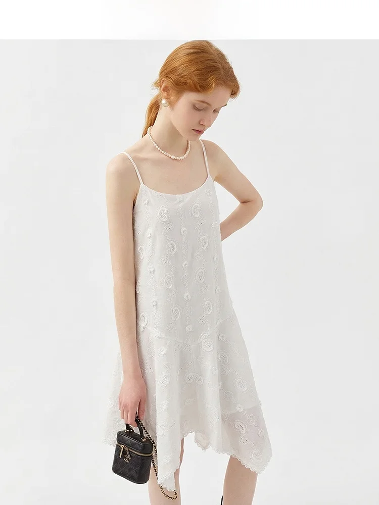 

White Embroidered Asymmetrical Hollow out Women's Dress Summer 2026 Slimming Design Casual Cotton Comfortable Breathable