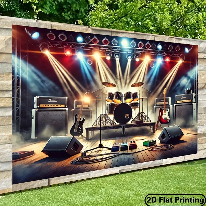 Rock Band Stage Tapestry - Electric Guitar & Drum Set Art, Concert Lighting Wall Decor, Music Lover Room Hanging, Polyester