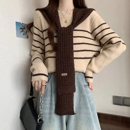 

Свитер, трикотаж, женский полосатый свитер, шаль, комплект из двух предметов, женский осенне-зимний дизайн, стильный топ, весенне-осенний ленивый стиль