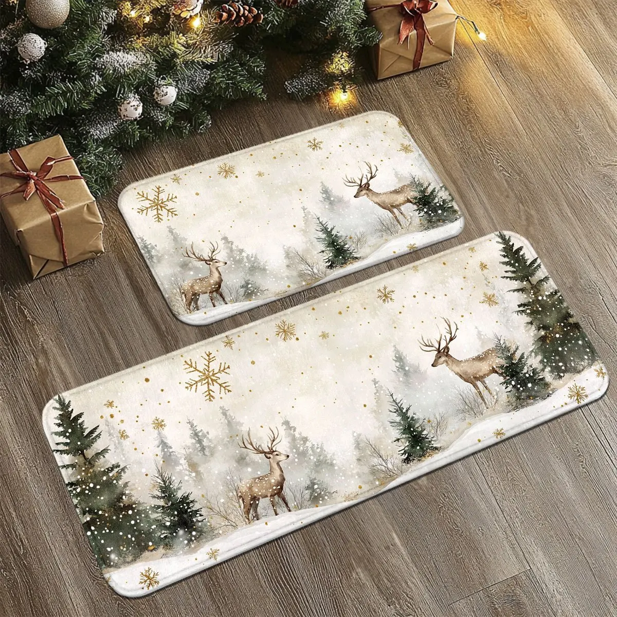 VIKAMA Set Christmas Kitchen Floor Mats Non Slip Washable Misty Forest Deer Snow Scene Runner Rug for Family Xmas Holiday Decor view 2